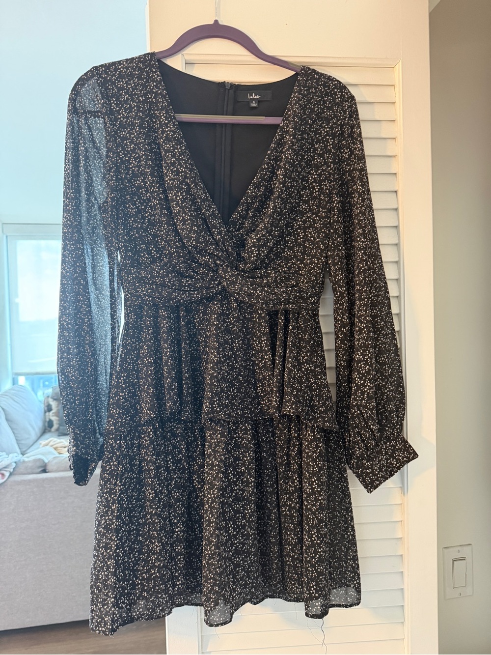 Lulu's Black Speckle Twist-Front Tiered Long Sleeve Dress